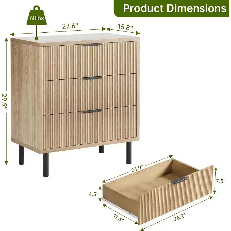 Commode 3 tiroirs Acekool, armoire de rangement moderne à panneaux ondulés, organiseur de chambre robuste pour salon ou entrée