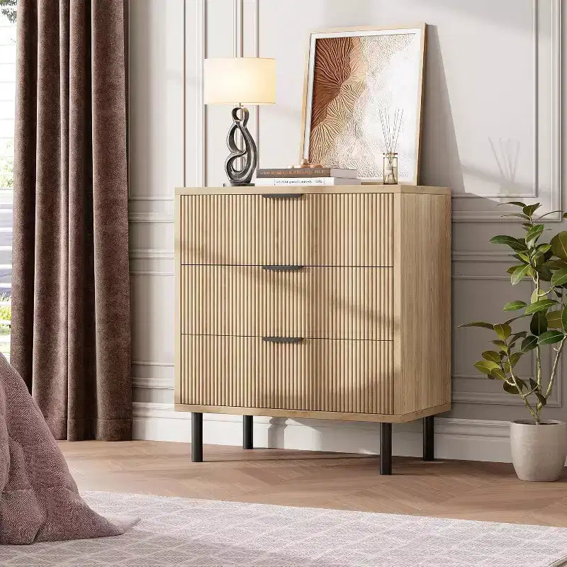Commode 3 tiroirs Acekool, armoire de rangement moderne à panneaux ondulés, organiseur de chambre robuste pour salon ou entrée