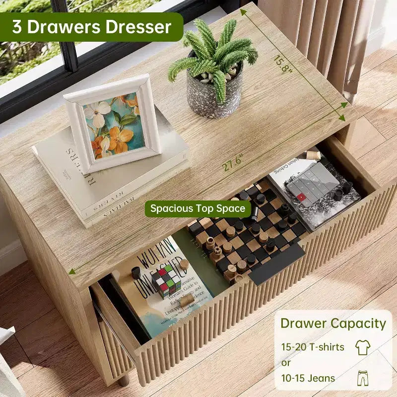Commode 3 tiroirs Acekool, armoire de rangement moderne à panneaux ondulés, organiseur de chambre robuste pour salon ou entrée