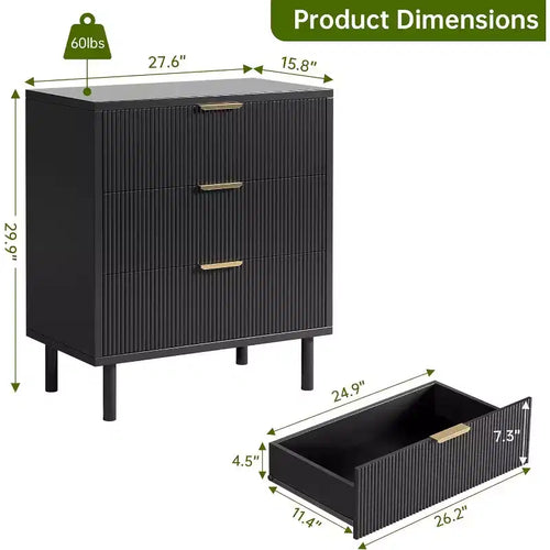 Commode 3 tiroirs Acekool, armoire de rangement moderne à panneaux ondulés, organiseur de chambre robuste pour salon ou entrée
