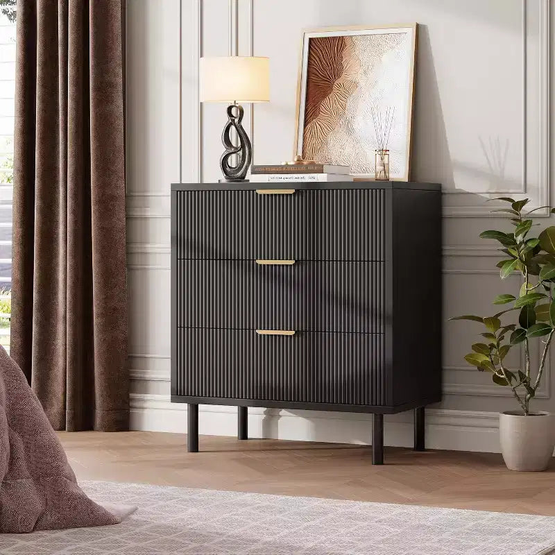 Commode 3 tiroirs Acekool, armoire de rangement moderne à panneaux ondulés, organiseur de chambre robuste pour salon ou entrée