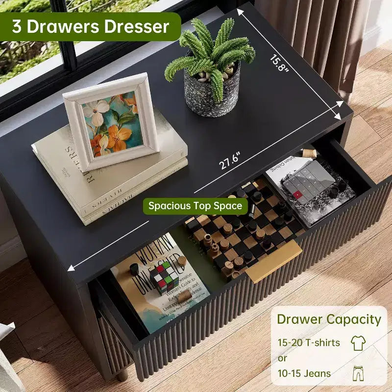 Commode 3 tiroirs Acekool, armoire de rangement moderne à panneaux ondulés, organiseur de chambre robuste pour salon ou entrée