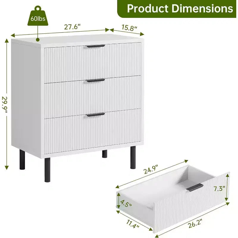 Commode 3 tiroirs Acekool, armoire de rangement moderne à panneaux ondulés, organiseur de chambre robuste pour salon ou entrée