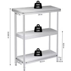 Table utilitaire robuste à 3 niveaux en acier inoxydable, plan de travail résistant à la rouille pour l'intérieur et l'extérieur avec étagères de rangement pour la cuisine ou le patio, 35,5 x 61 x 86 cm