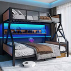 Full XL/Queen or Full+Storage Board/Queen Bunk Bed, Metal Bunk Bed with Storage Shelves and Lights, Space-saving & Noise-free Design, Black