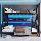 Lit superposé double XL/grand ou double+rangement/grand, lit superposé en métal avec étagères de rangement et lumières, design peu encombrant et silencieux, noir