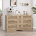 MAYEERTY Meuble de rangement en rotin de 51,2 pouces avec 9 tiroirs, poignées en métal, pour cuisine, salon, chambre, couleur naturelle