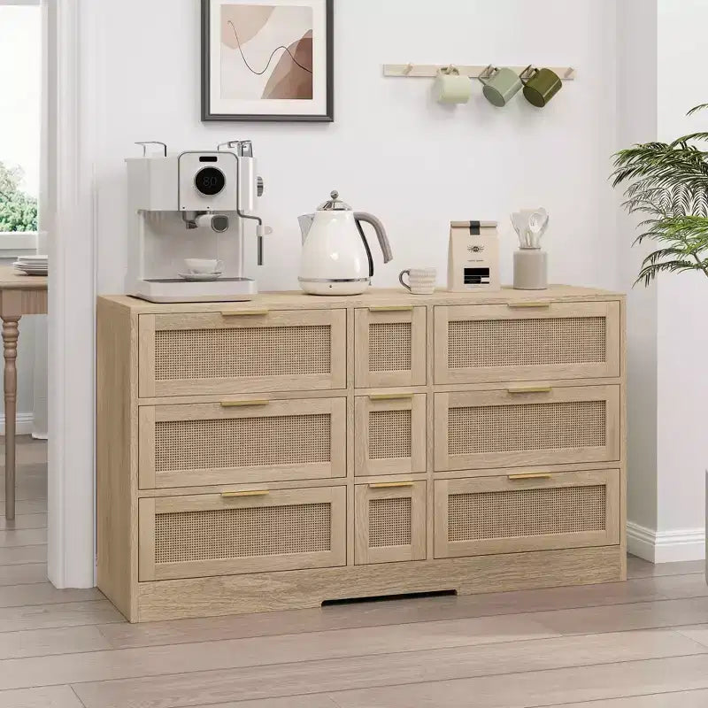 MAYEERTY Meuble de rangement en rotin de 51,2 pouces avec 9 tiroirs, poignées en métal, pour cuisine, salon, chambre, couleur naturelle
