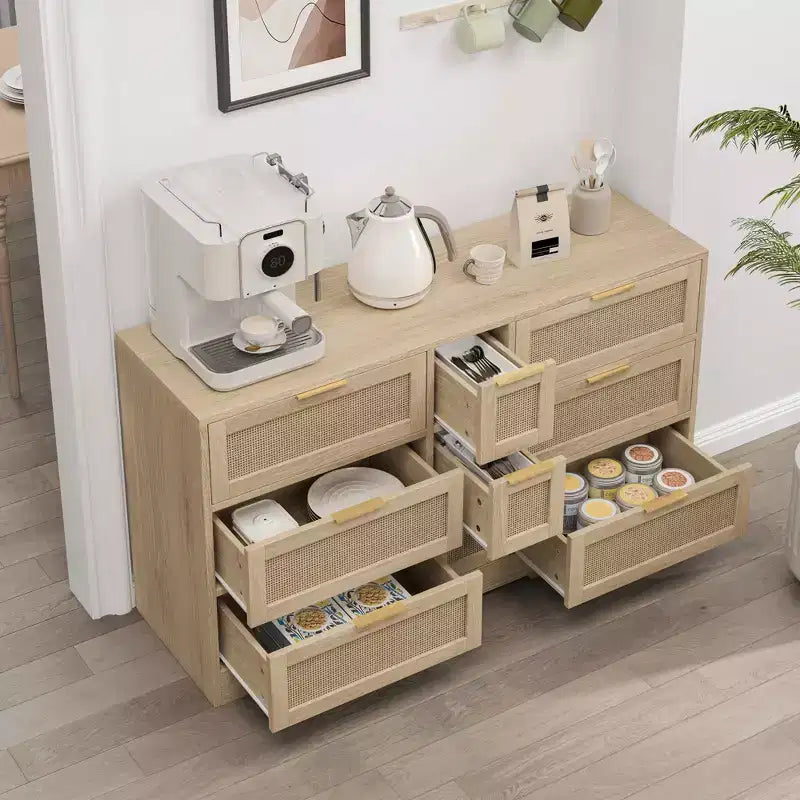 MAYEERTY Meuble de rangement en rotin de 51,2 pouces avec 9 tiroirs, poignées en métal, pour cuisine, salon, chambre, couleur naturelle