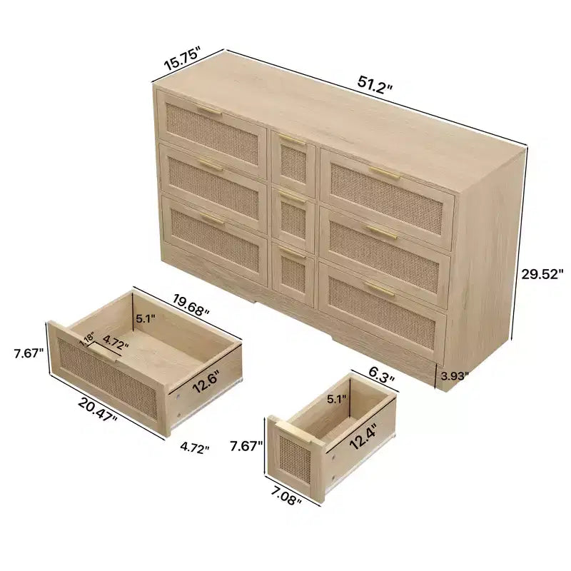 MAYEERTY Meuble de rangement en rotin de 51,2 pouces avec 9 tiroirs, poignées en métal, pour cuisine, salon, chambre, couleur naturelle
