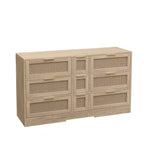 MAYEERTY Meuble de rangement en rotin de 51,2 pouces avec 9 tiroirs, poignées en métal, pour cuisine, salon, chambre, couleur naturelle