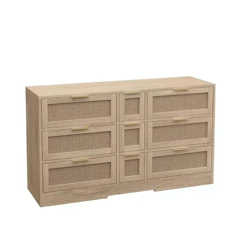 MAYEERTY Meuble de rangement en rotin de 51,2 pouces avec 9 tiroirs, poignées en métal, pour cuisine, salon, chambre, couleur naturelle