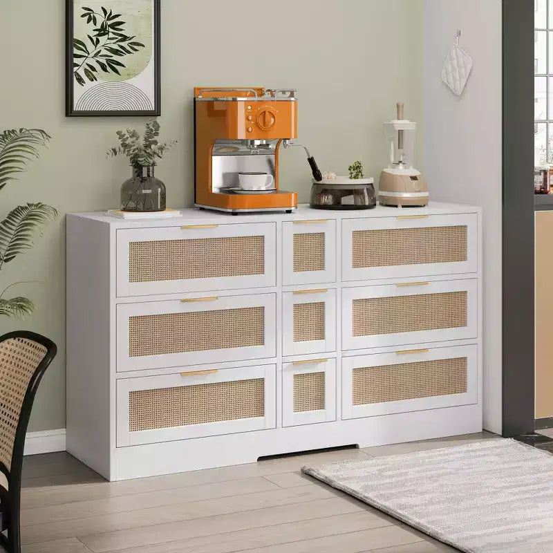 MAYEERTY 51.2 Rangement en rotin avec 9 tiroirs, poignées en métal, pour cuisine, salon, chambre, blanc