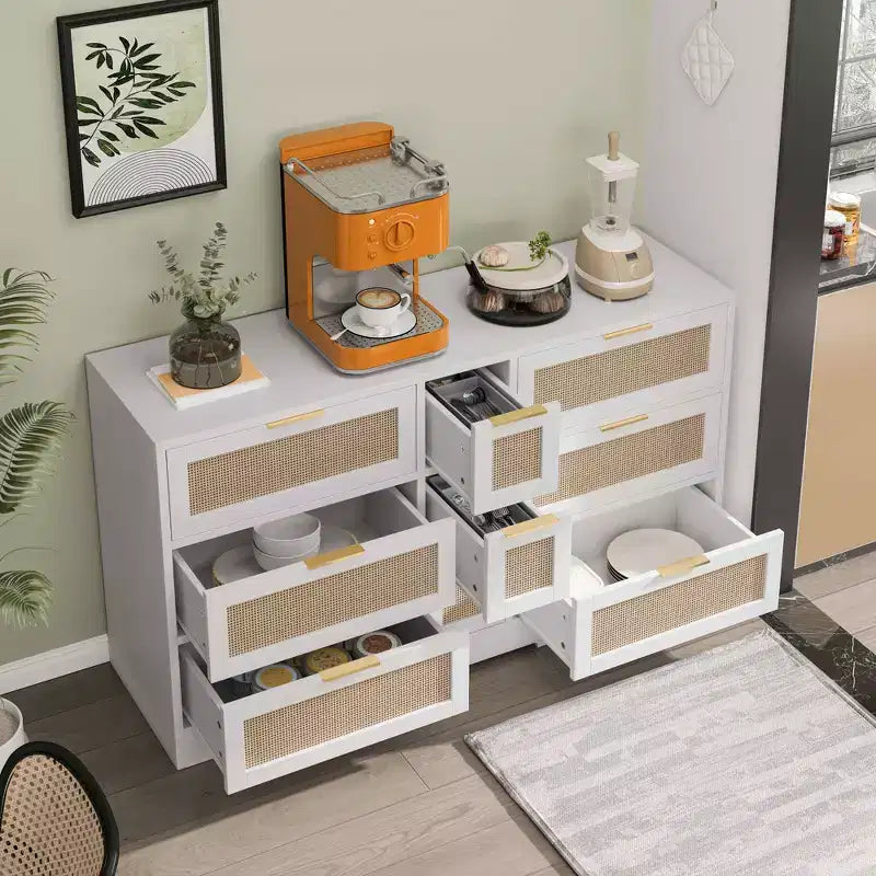 MAYEERTY 51.2 Rangement en rotin avec 9 tiroirs, poignées en métal, pour cuisine, salon, chambre, blanc
