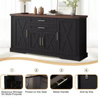 Buffet de 63 po avec 4 portes de grange et 2 tiroirs, buffet de rangement de style ferme avec étagères réglables, table de bar à café, console