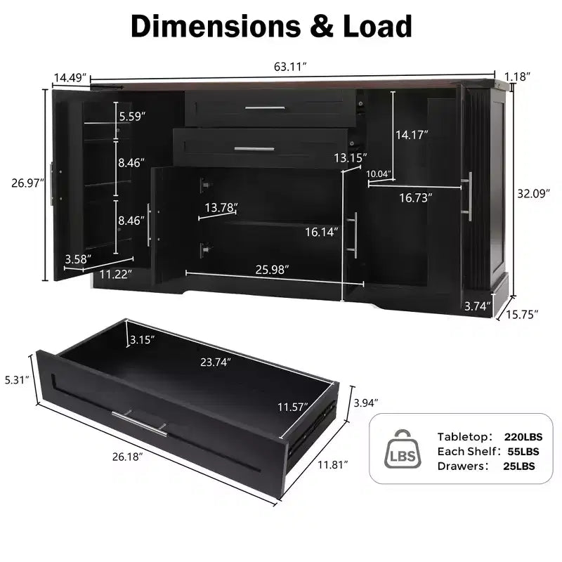 Buffet de 63 po avec 4 portes de grange et 2 tiroirs, buffet de rangement de style ferme avec étagères réglables, table de bar à café, console