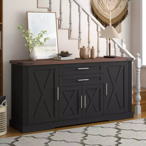 63 Buffet Cabinet with 4 Barn Doors & 2 Drawers, Farmhouse Sideboard Storage Cabinet with Adjustable Shelves, Coffee Bar Table Console Cabinet
