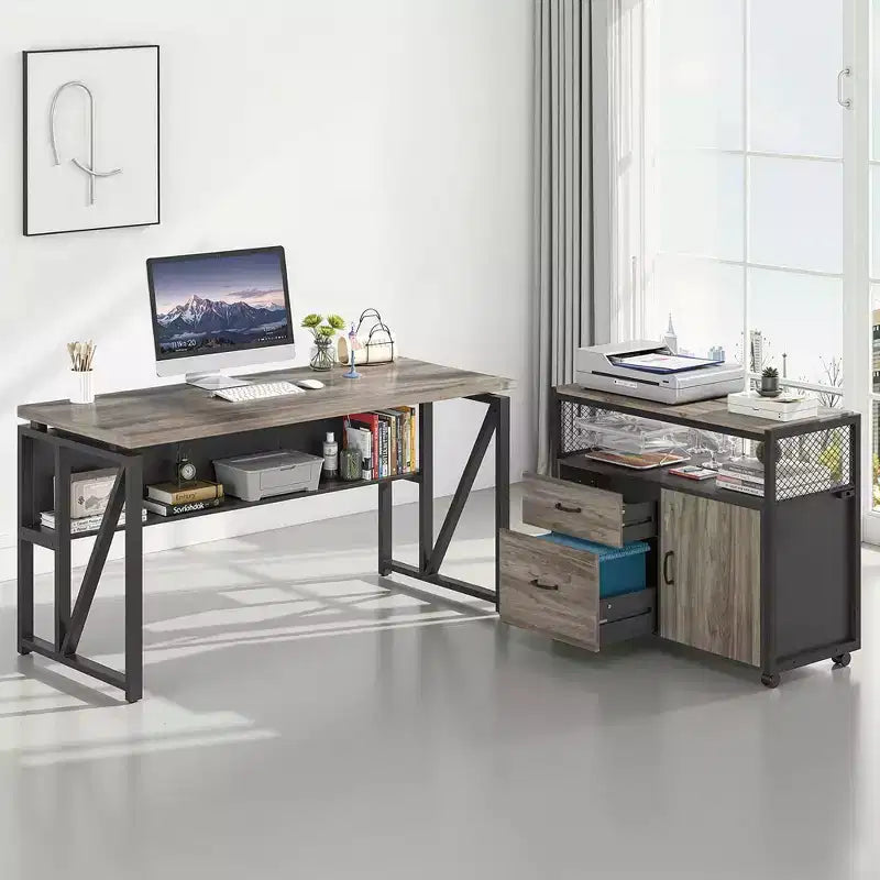 Bureau de direction MAYEERTY en forme de L de 63 pouces, avec étagères de rangement et classeur mobile à 2 tiroirs