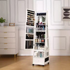 360 Swivel Lockable Jewelry Armoire Cabinet with LED Light, Screen Interface Full-Length Mirror, 3 Shelves & Drawer, Storage Organizer White