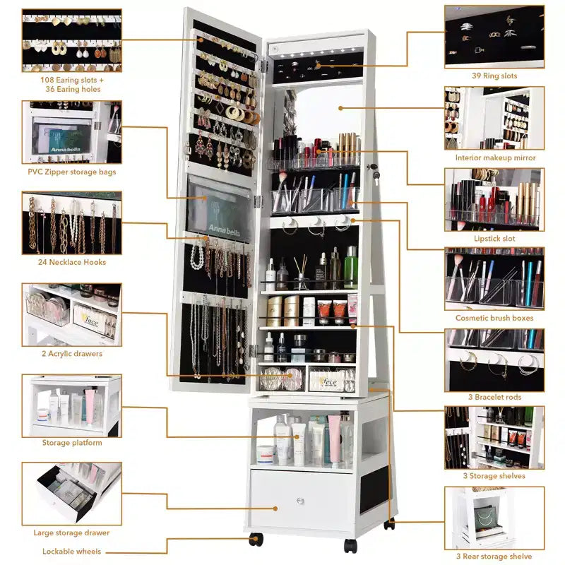 Armoire à bijoux pivotante à 360° avec serrure et éclairage LED, miroir pleine longueur avec interface d'écran, 3 étagères et tiroir, organisateur de rangement blanc