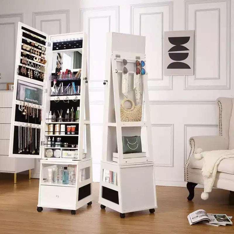 Armoire à bijoux pivotante à 360° avec serrure et éclairage LED, miroir pleine longueur avec interface d'écran, 3 étagères et tiroir, organisateur de rangement blanc