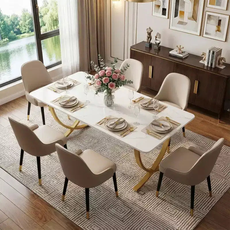MAYEERTY 63 Table à manger moderne en faux marbre, table de cuisine avec pieds en métal doré