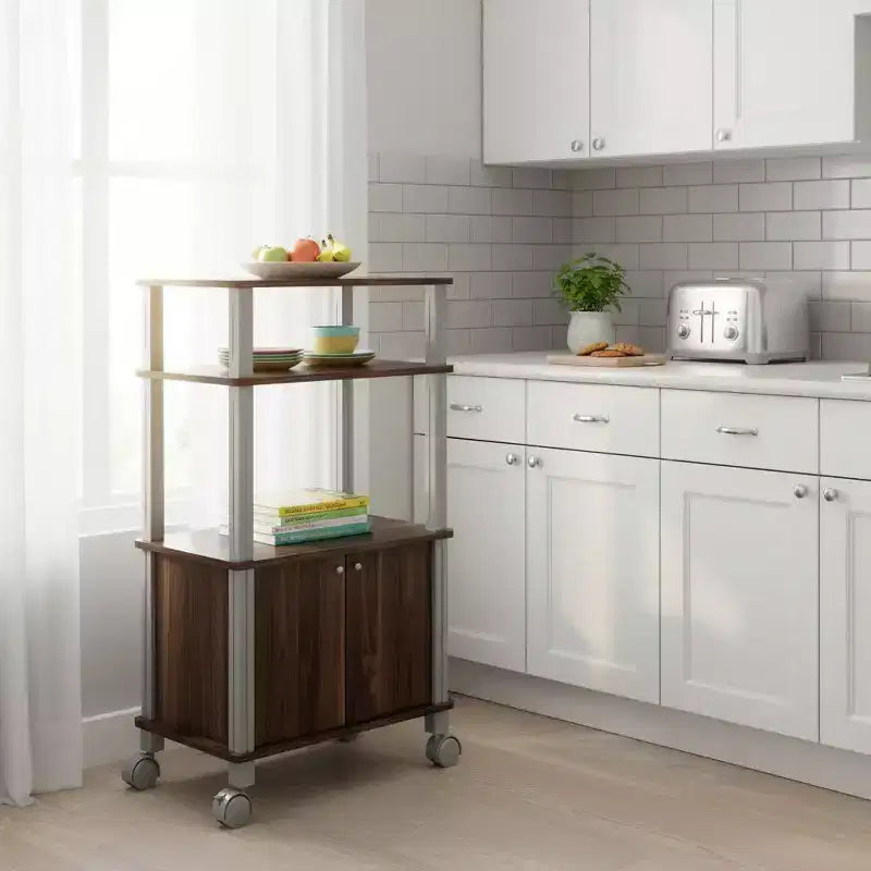 Chariot de rangement roulant polyvalent Gymax en noyer avec étagère à boulanger et support pour micro-ondes
