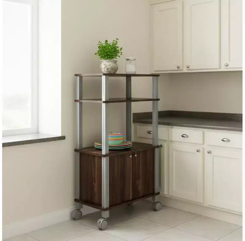 Chariot de rangement roulant polyvalent Gymax en noyer avec étagère à boulanger et support pour micro-ondes