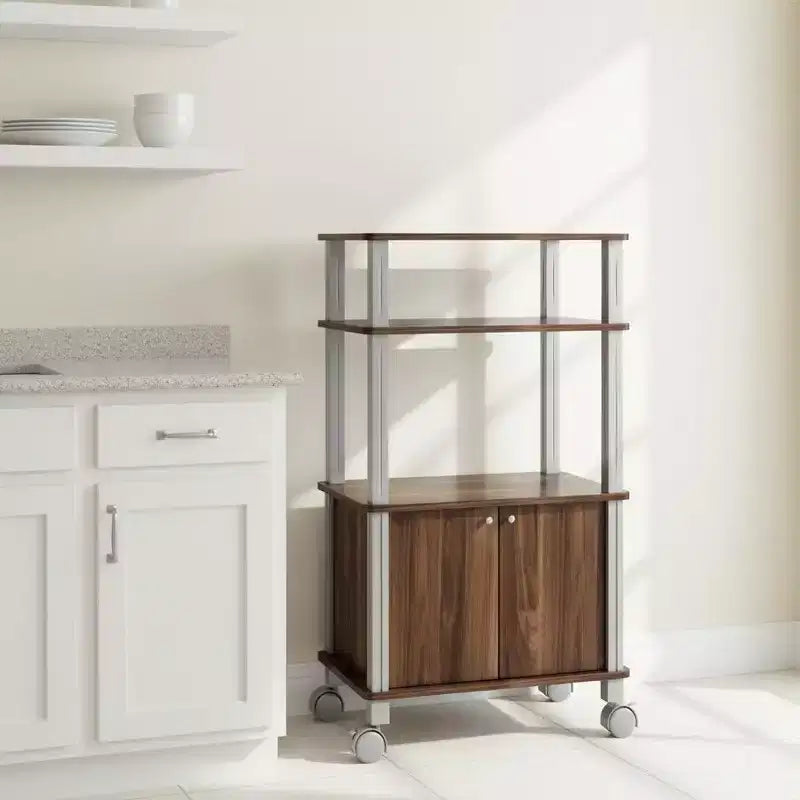 Chariot de rangement roulant polyvalent Gymax en noyer avec étagère à boulanger et support pour micro-ondes