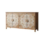 HomeRoots 60 Brown and White Wood Carved Floral Accent Cabinet With Four Doors