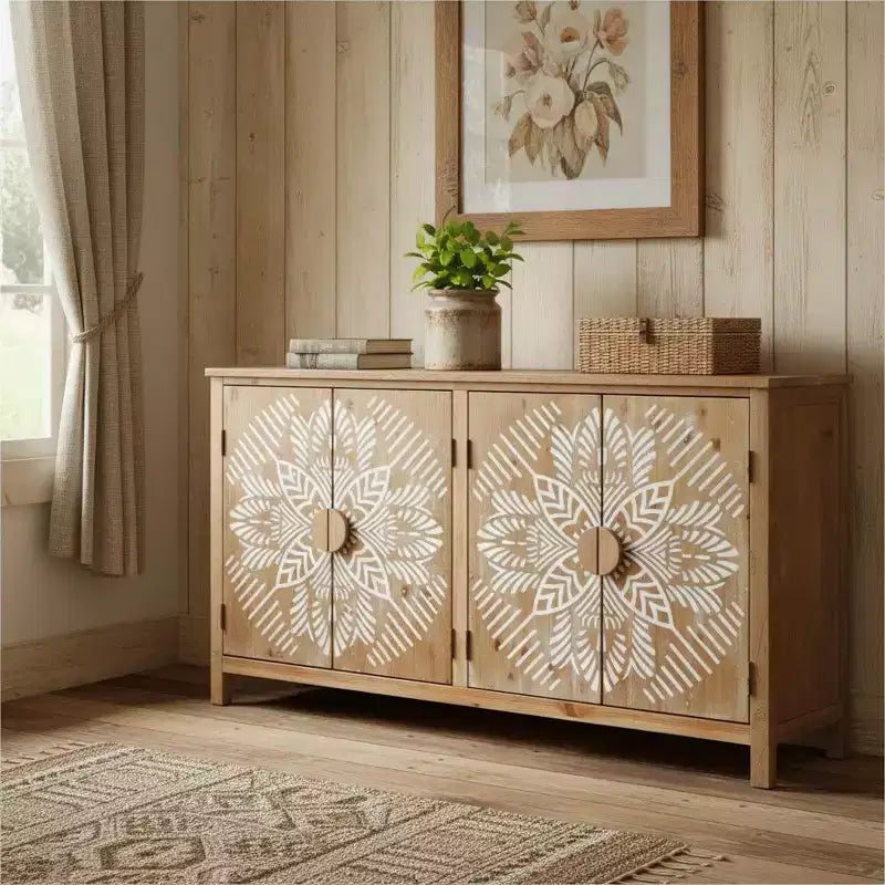 HomeRoots Armoire décorative florale sculptée en bois marron et blanc de 60 avec quatre portes