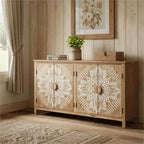 HomeRoots Armoire décorative florale sculptée en bois marron et blanc de 60 avec quatre portes