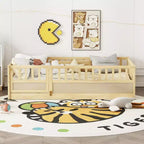 JVNOXK Children's Double Floor Bed Frame, Integrated Structure with Extra-High Safety Guardrail and Wooden Slats Supporting the Bed Slats