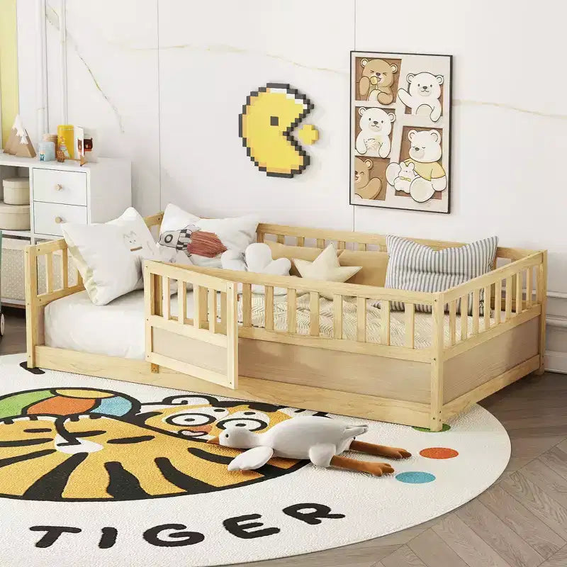 JVNOXK Cadre de lit double mezzanine pour enfants, structure intégrée avec garde-corps de sécurité extra-haut et sommier à lattes en bois