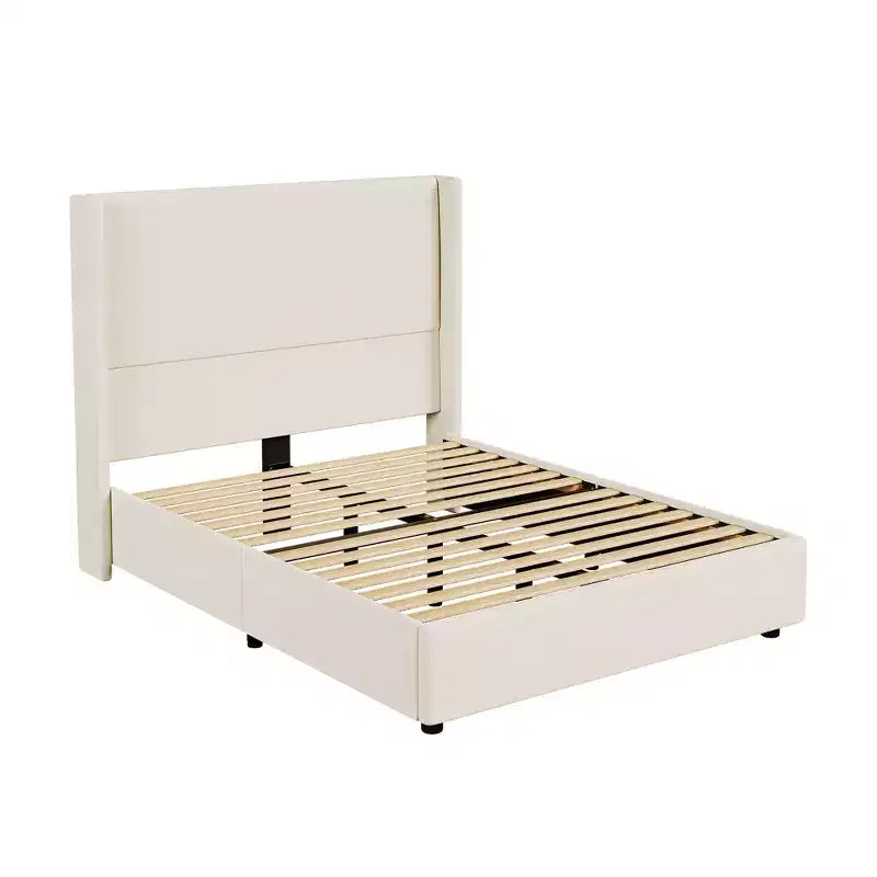 Cadre de lit plateforme capitonné Dyonery Queen avec tête de lit à dossier haut de 130 cm, pieds en bois massif, pas besoin de sommier tapissier, style moderne en lin