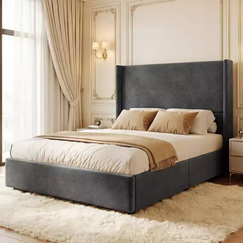 Cadre de lit plateforme capitonné Dyonery Queen avec tête de lit à dossier haut de 130 cm, pieds en bois massif, pas besoin de sommier tapissier, style moderne en lin