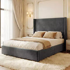 Cadre de lit plateforme capitonné Dyonery Queen avec tête de lit à dossier haut de 130 cm, pieds en bois massif, pas besoin de sommier tapissier, style moderne en lin