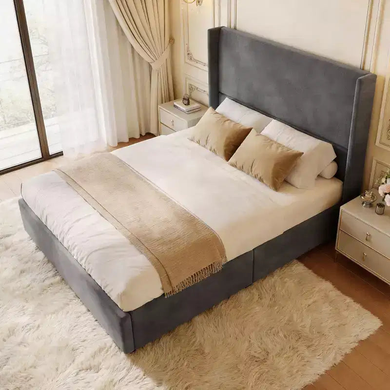 Cadre de lit plateforme capitonné Dyonery Queen avec tête de lit à dossier haut de 130 cm, pieds en bois massif, pas besoin de sommier tapissier, style moderne en lin