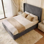 Cadre de lit plateforme capitonné Dyonery Queen avec tête de lit à dossier haut de 130 cm, pieds en bois massif, pas besoin de sommier tapissier, style moderne en lin