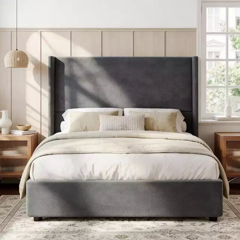 Cadre de lit plateforme capitonné Dyonery Queen avec tête de lit à dossier haut de 130 cm, pieds en bois massif, pas besoin de sommier tapissier, style moderne en lin