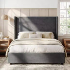 Cadre de lit plateforme capitonné Dyonery Queen avec tête de lit à dossier haut de 130 cm, pieds en bois massif, pas besoin de sommier tapissier, style moderne en lin