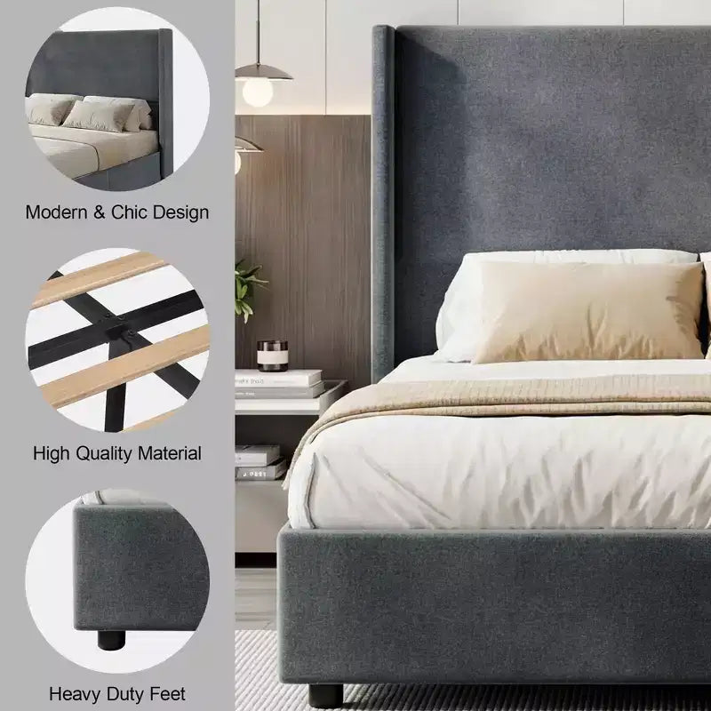 Cadre de lit plateforme capitonné Dyonery Queen avec tête de lit à dossier haut de 130 cm, pieds en bois massif, pas besoin de sommier tapissier, style moderne en lin
