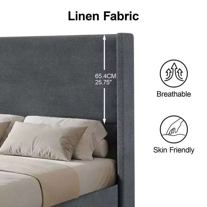 Cadre de lit plateforme capitonné Dyonery Queen avec tête de lit à dossier haut de 130 cm, pieds en bois massif, pas besoin de sommier tapissier, style moderne en lin