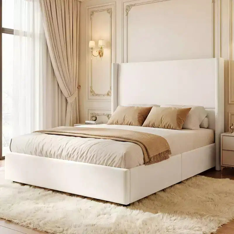Cadre de lit plateforme capitonné Dyonery Queen avec tête de lit à dossier haut de 130 cm, pieds en bois massif, pas besoin de sommier tapissier, style moderne en lin