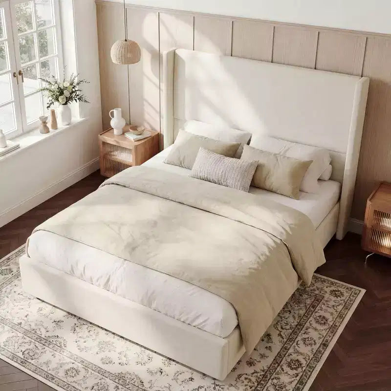 Cadre de lit plateforme capitonné Dyonery Queen avec tête de lit à dossier haut de 130 cm, pieds en bois massif, pas besoin de sommier tapissier, style moderne en lin