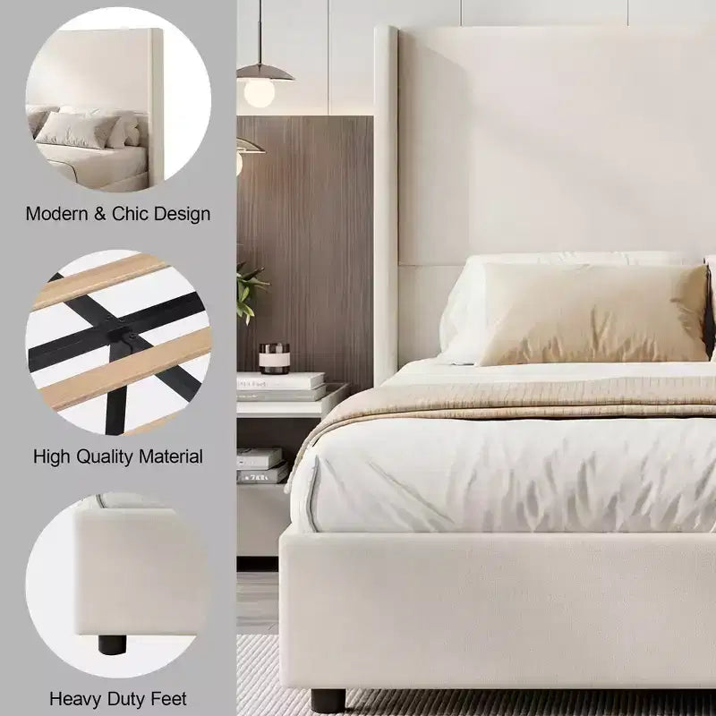 Cadre de lit plateforme capitonné Dyonery Queen avec tête de lit à dossier haut de 130 cm, pieds en bois massif, pas besoin de sommier tapissier, style moderne en lin