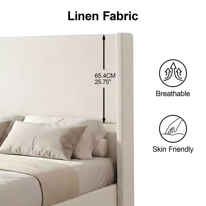 Cadre de lit plateforme capitonné Dyonery Queen avec tête de lit à dossier haut de 130 cm, pieds en bois massif, pas besoin de sommier tapissier, style moderne en lin