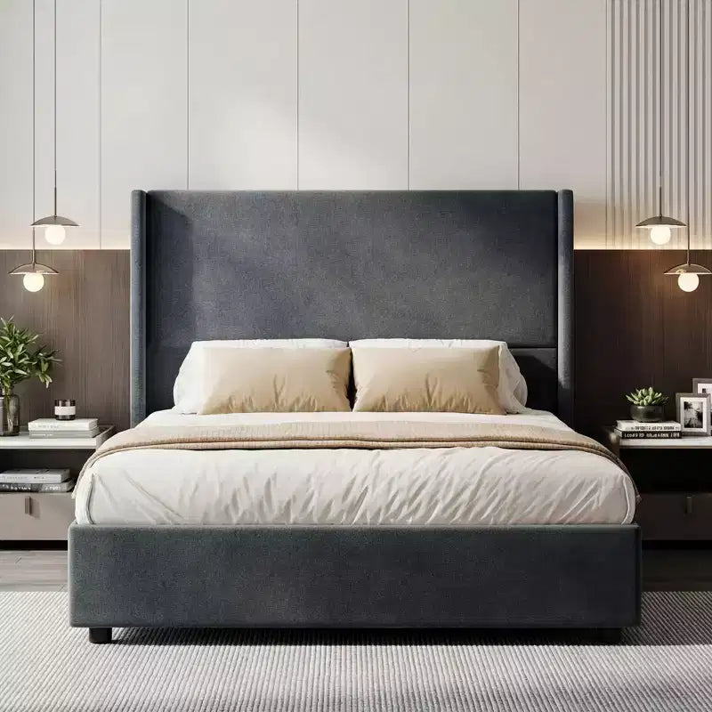 Cadre de lit plateforme capitonné Dyonery Queen avec tête de lit à dossier haut de 130 cm, pieds en bois massif, pas besoin de sommier tapissier, style moderne en lin