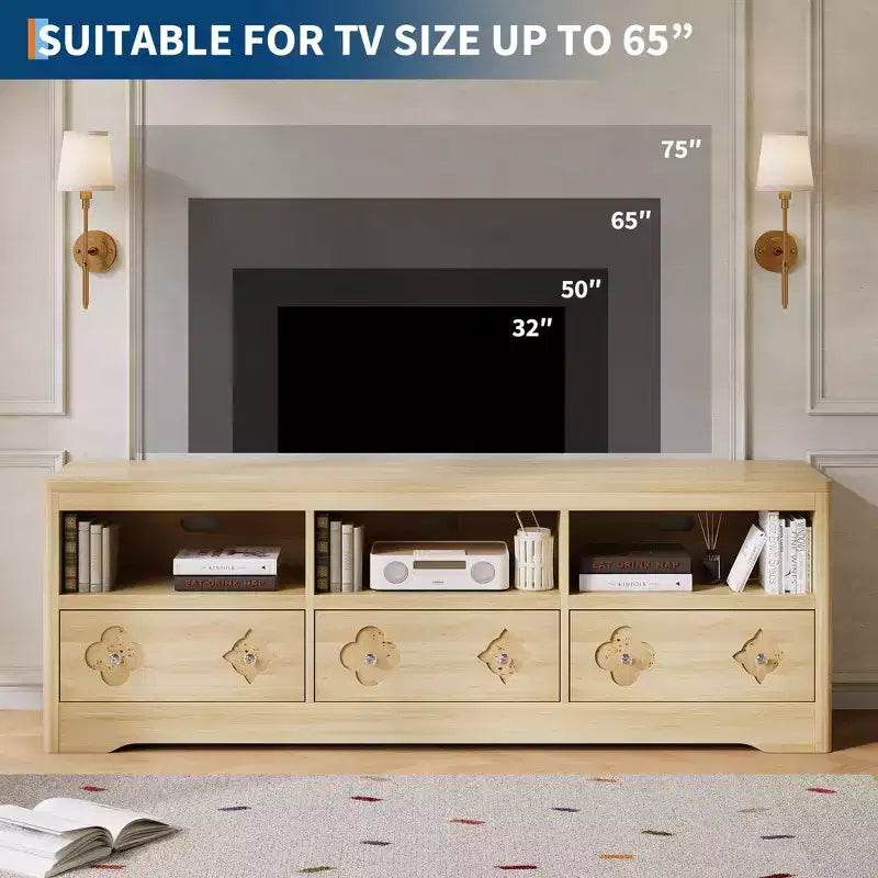 Meuble TV Garvee 70 pouces, meuble de divertissement moderne du milieu du siècle avec tiroir sculpté de rangement, console TV, meuble multimédia pour salon, chambre à coucher