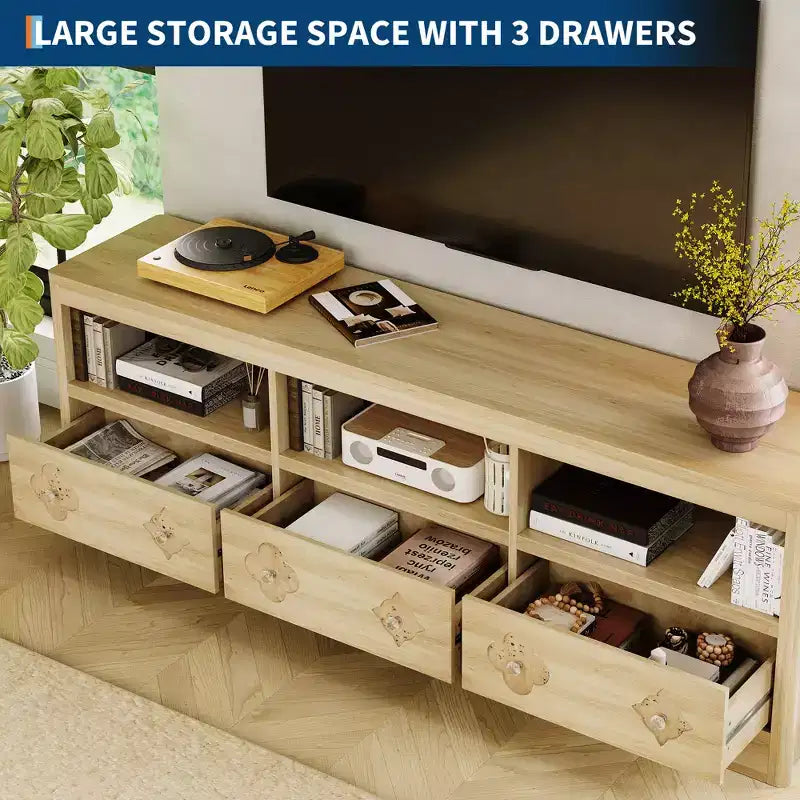 Meuble TV Garvee 70 pouces, meuble de divertissement moderne du milieu du siècle avec tiroir sculpté de rangement, console TV, meuble multimédia pour salon, chambre à coucher